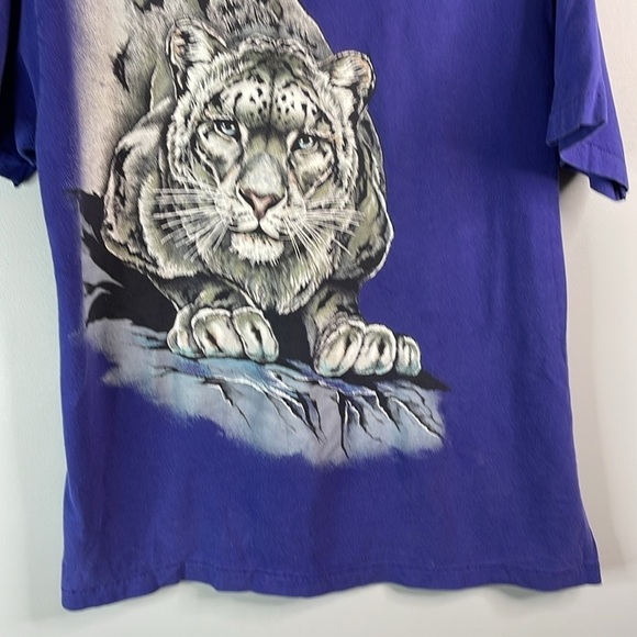 VINTAGE 90s Men’s Single Stitch Snow Leopard Graphic T-Shirt Indigo Blue Crew L - Picture 5 of 11